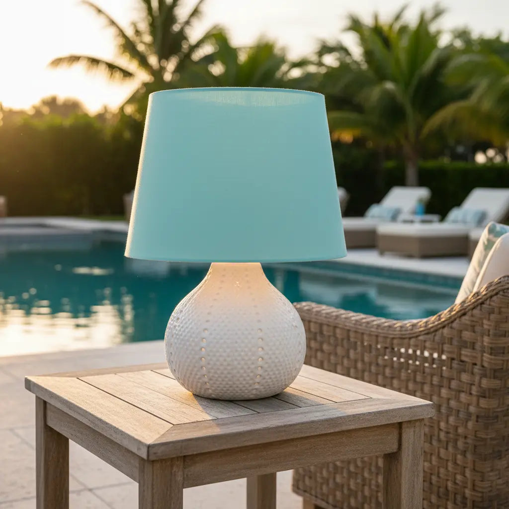 Outdoor setting with a turquoise lamp on a wooden table by a poolside.