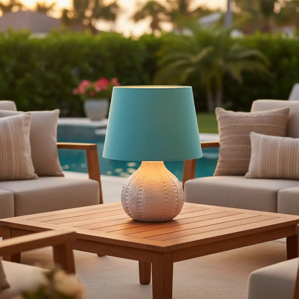Outdoor patio setting with a wooden table, blue lamp, and beige cushions.