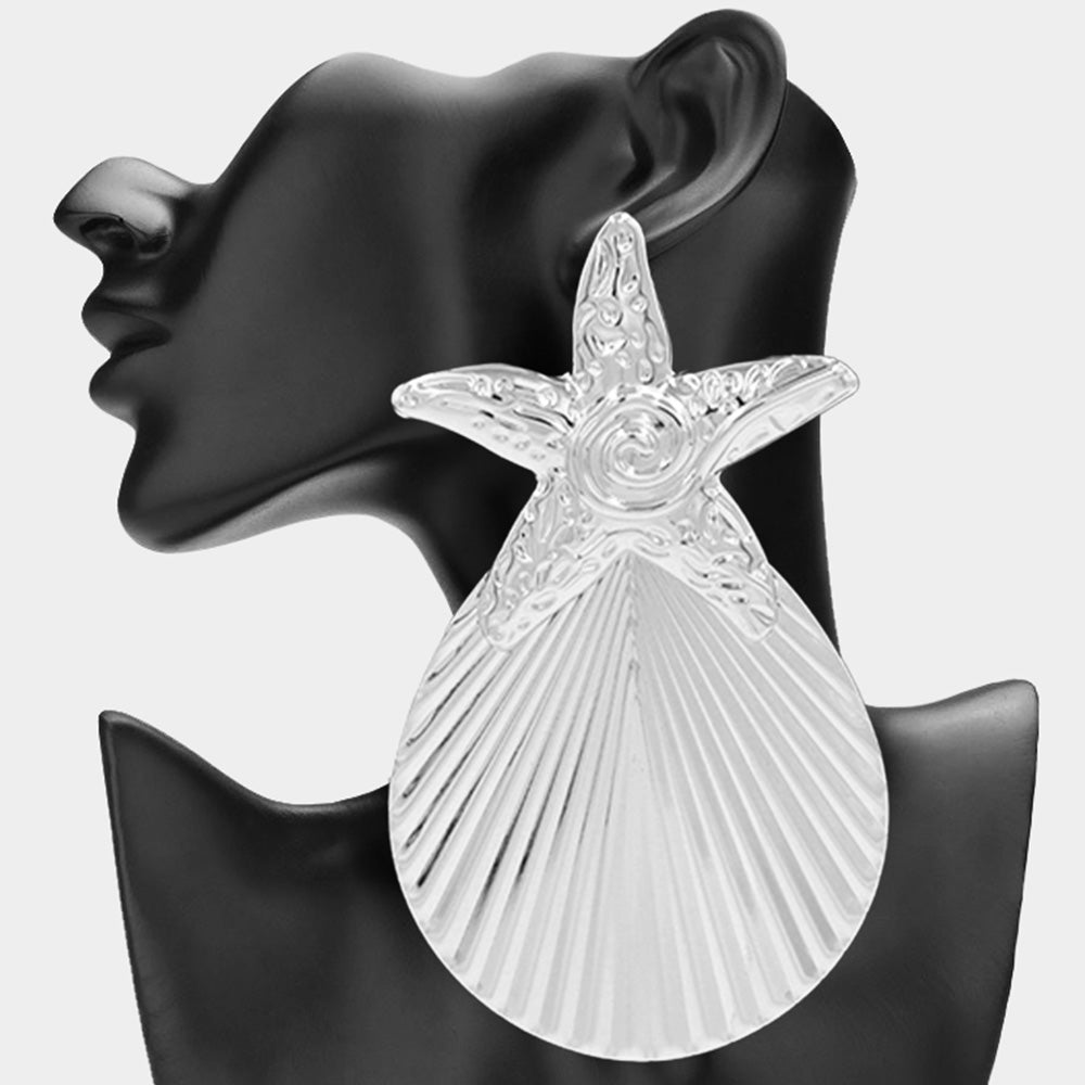 Oversized textured metal starfish seashell drop statement earrings in coastal beach inspired style