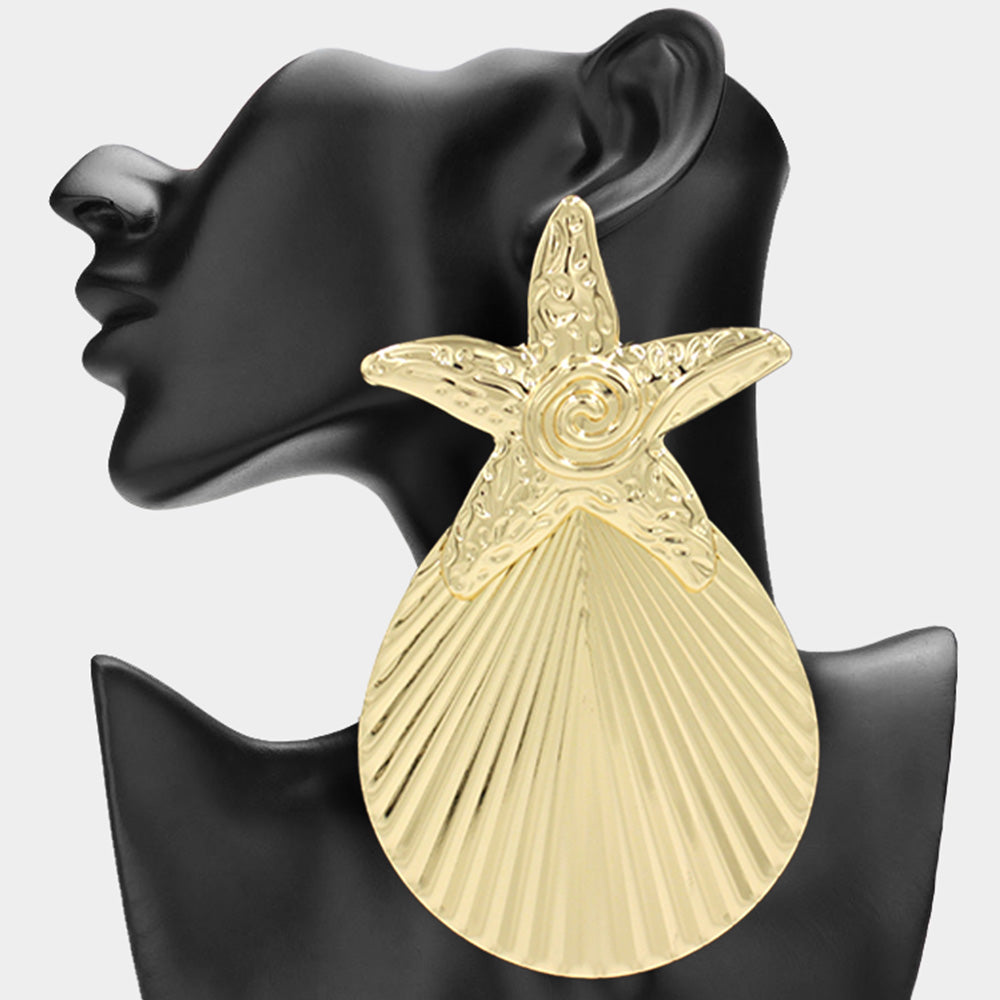 Bold oversized textured metal starfish and seashell drop earrings designed as coastal statement jewelry