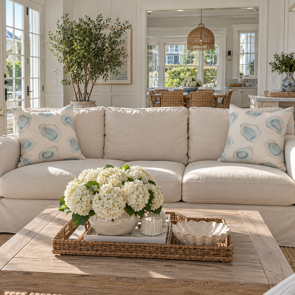 Oyster pattern throw pillow for elegant coastal home decor