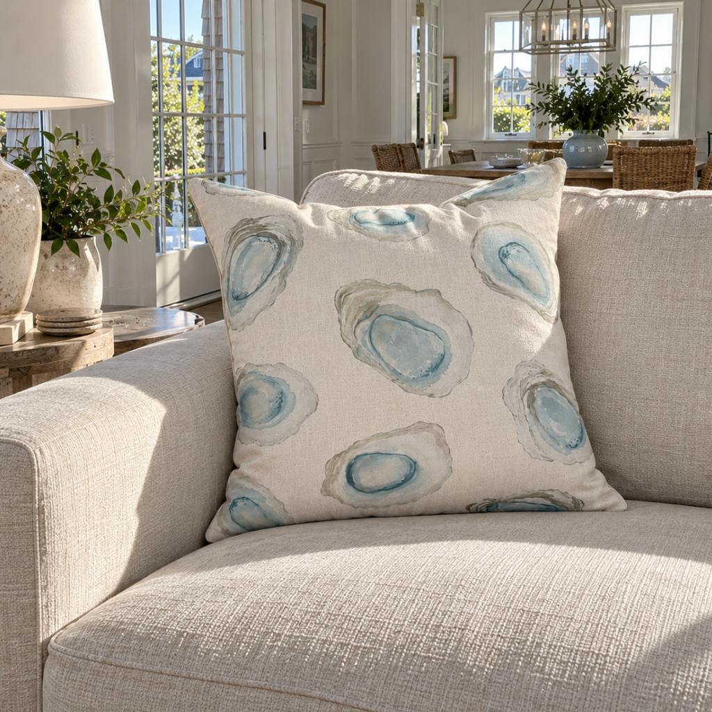 Decorative oyster shell pillow for a coastal living room