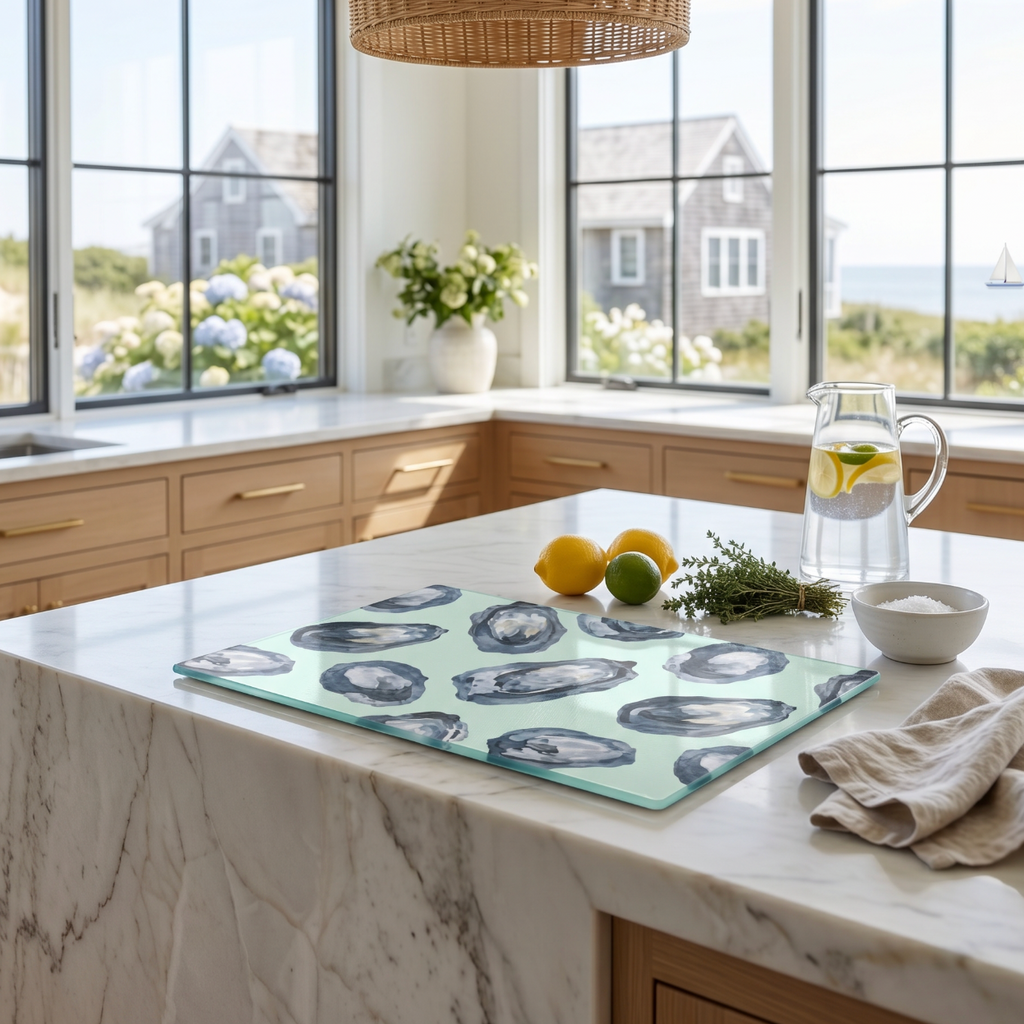 Rectangular navy blue oyster design glass cutting board styled in a beach house coastal kitchen.