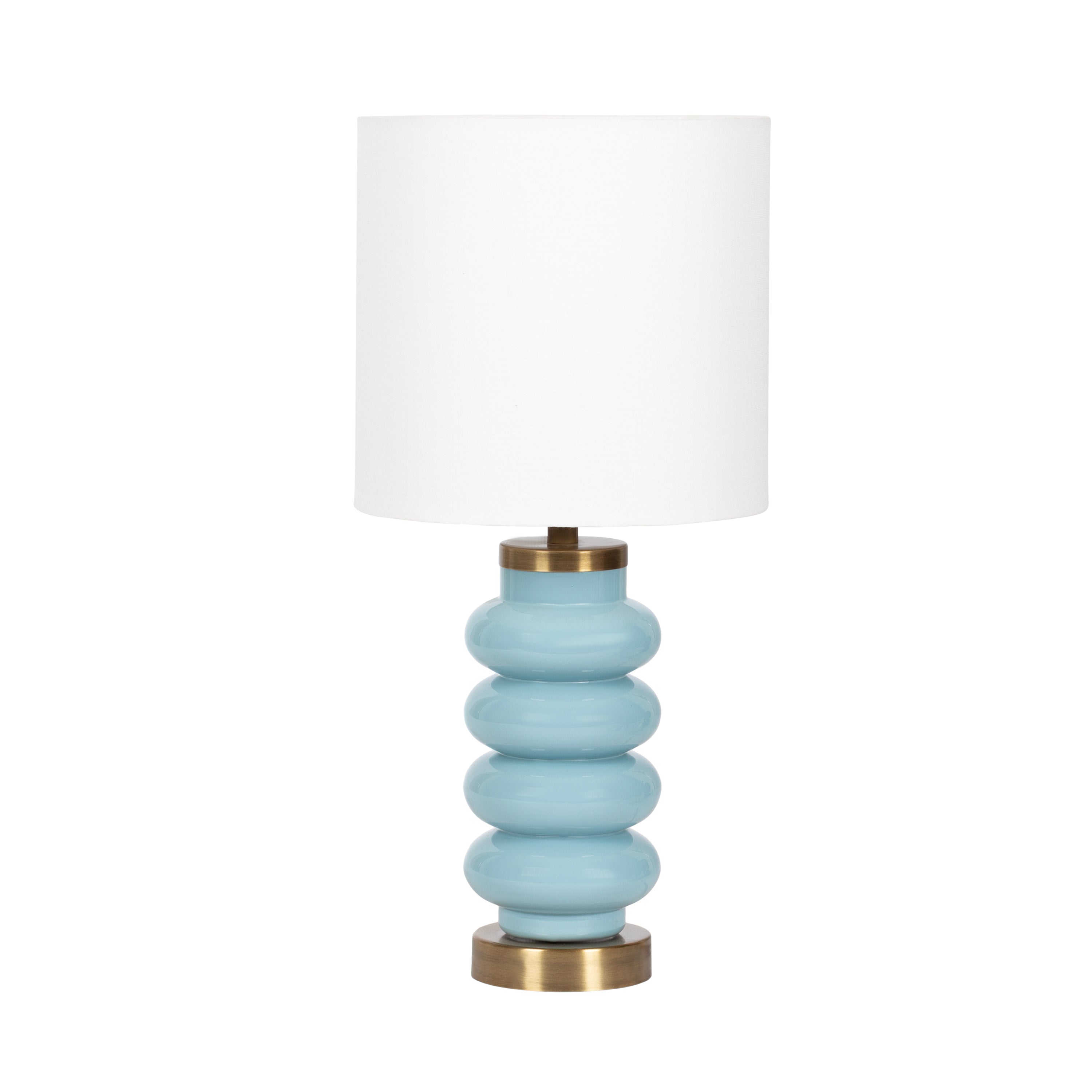 Pale aqua glazed table lamp featuring four rounded stacked forms and a crisp white fabric shade.