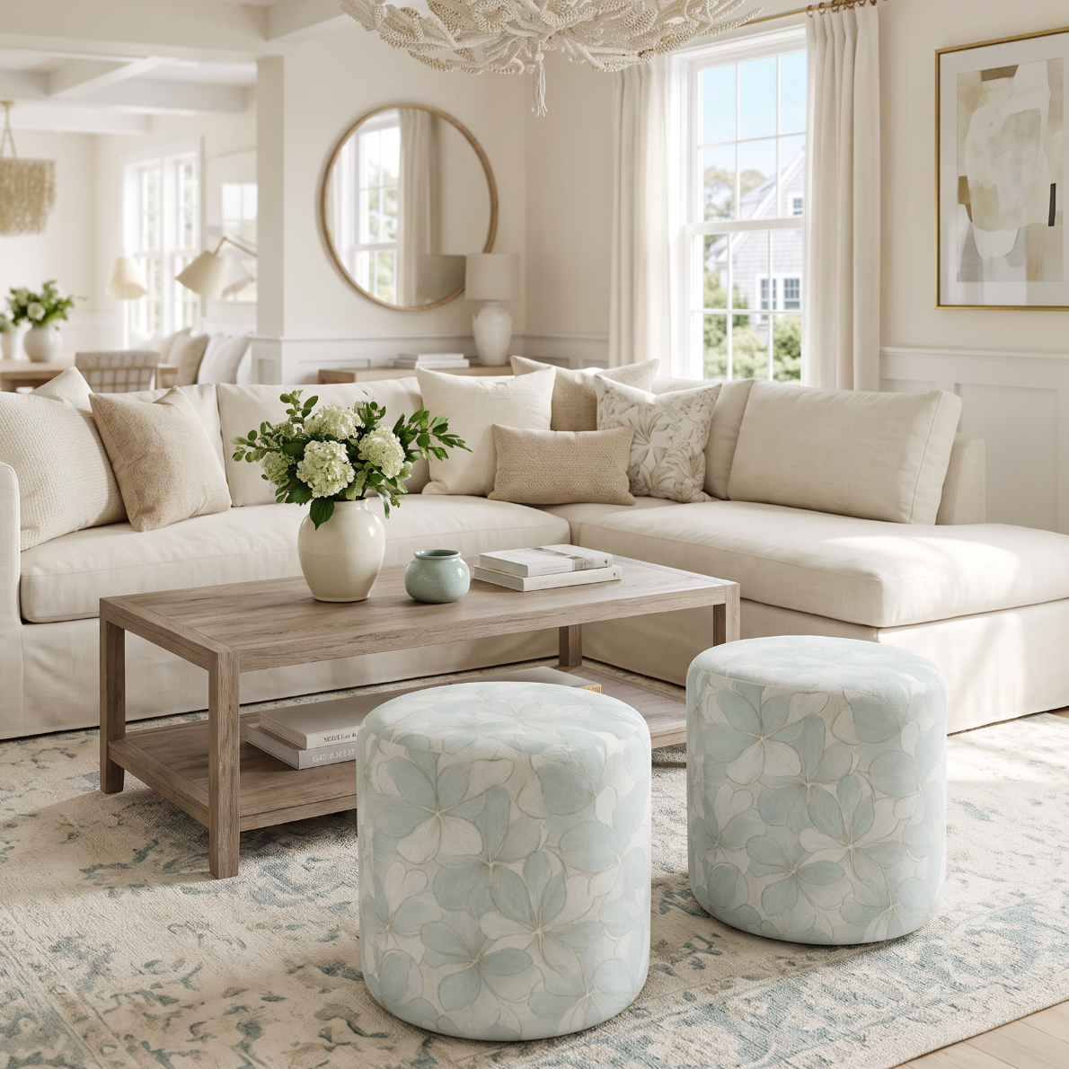 Pair of round upholstered poufs with a pale aqua and ivory floral pattern in a bright coastal living room.