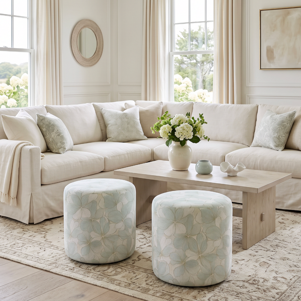 Two blue floral upholstered ottomans with a rounded silhouette, ideal for extra seating or casual footrests.