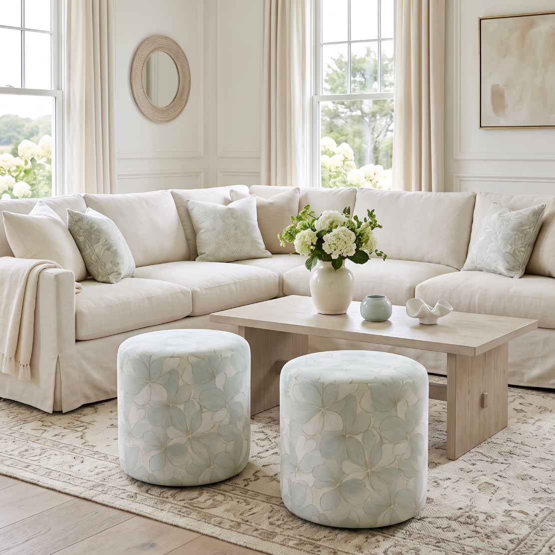 Two blue floral upholstered ottomans with a rounded silhouette, ideal for extra seating or casual footrests.