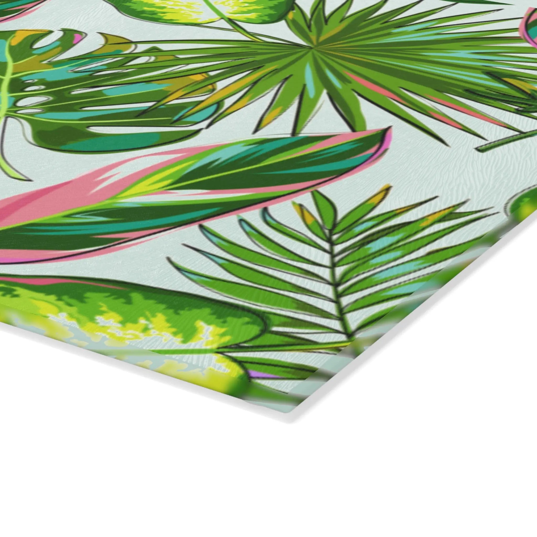 Isla Palm Glass Cutting Board featuring tropical palm leaves, coastal beachy charm for prep and serving.