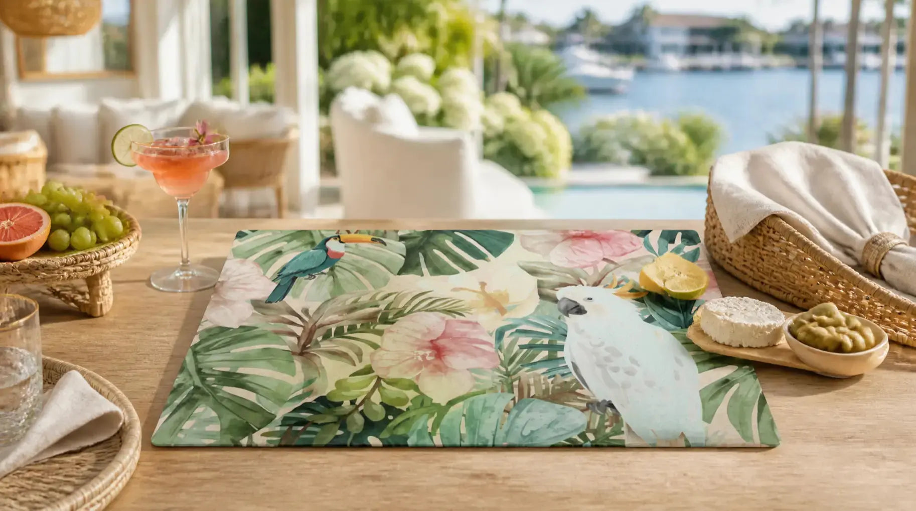 Palm Forest glass serving board styled with cheese and fruit
