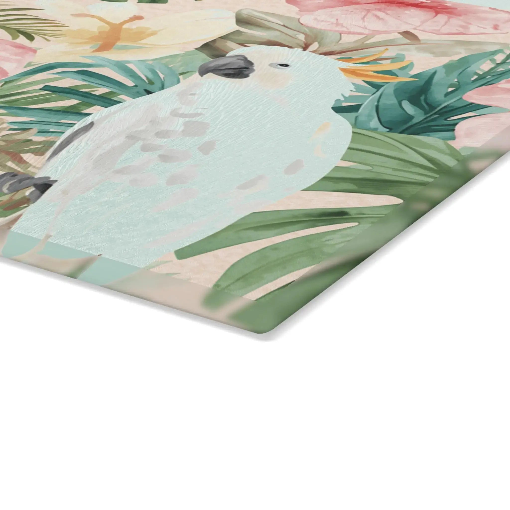 Closeup of palm leaf pattern on Palm Forest glass cutting and serving board