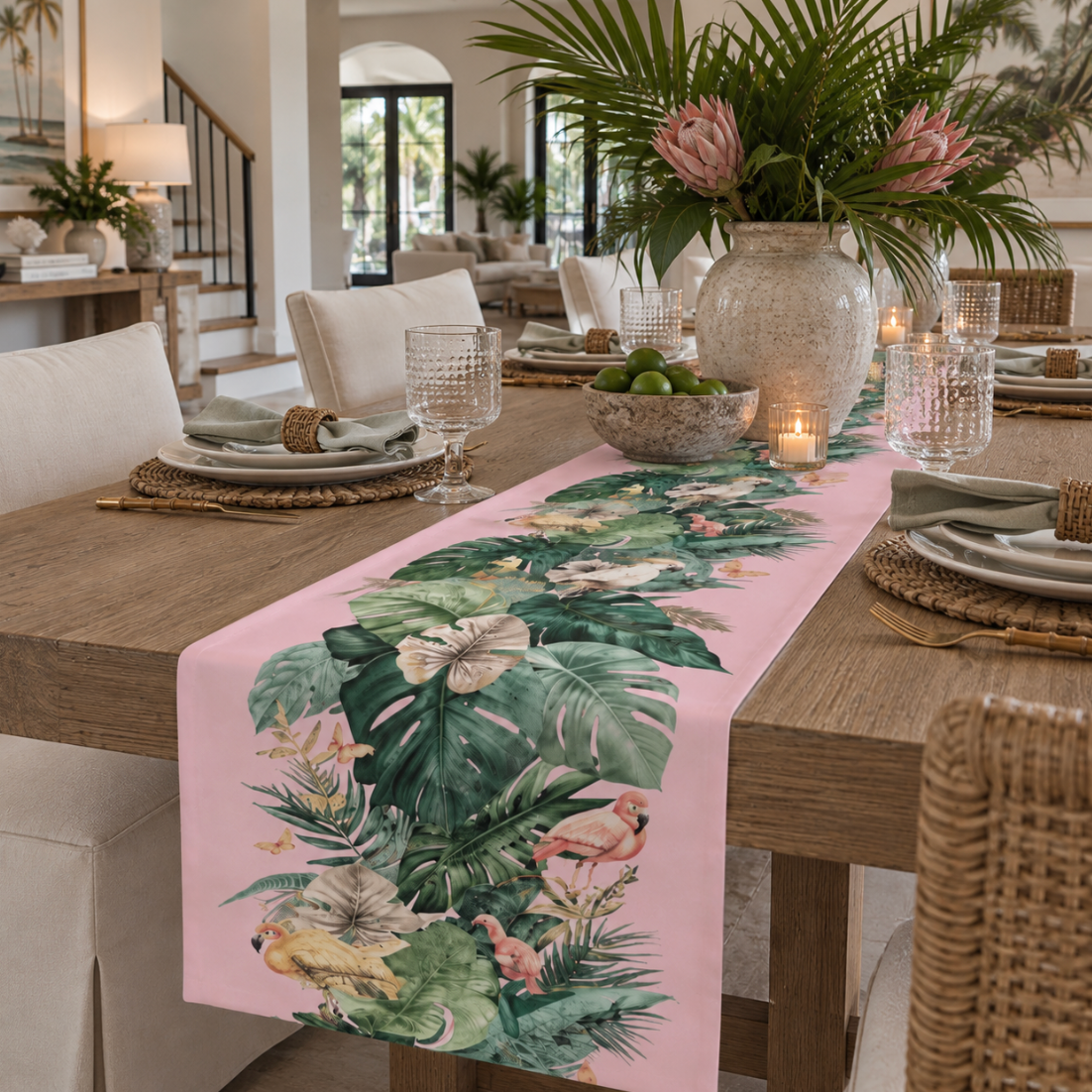 Palm leaf flamingo summer table runner for a vibrant coastal kitchen or dining room
