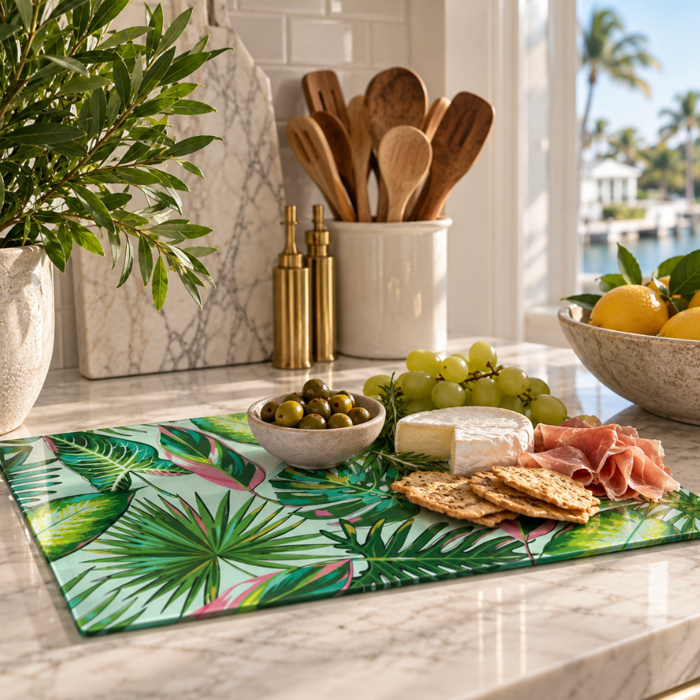 Palm leaf glass cutting board for coastal kitchen decor