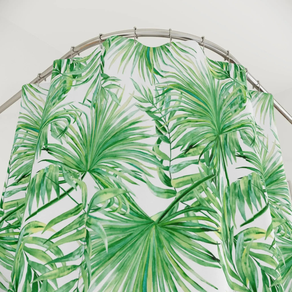 Palm leaf shower curtain in lush green for coastal bathroom decor