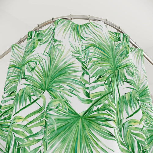Palm leaf shower curtain in lush green for coastal bathroom decor
