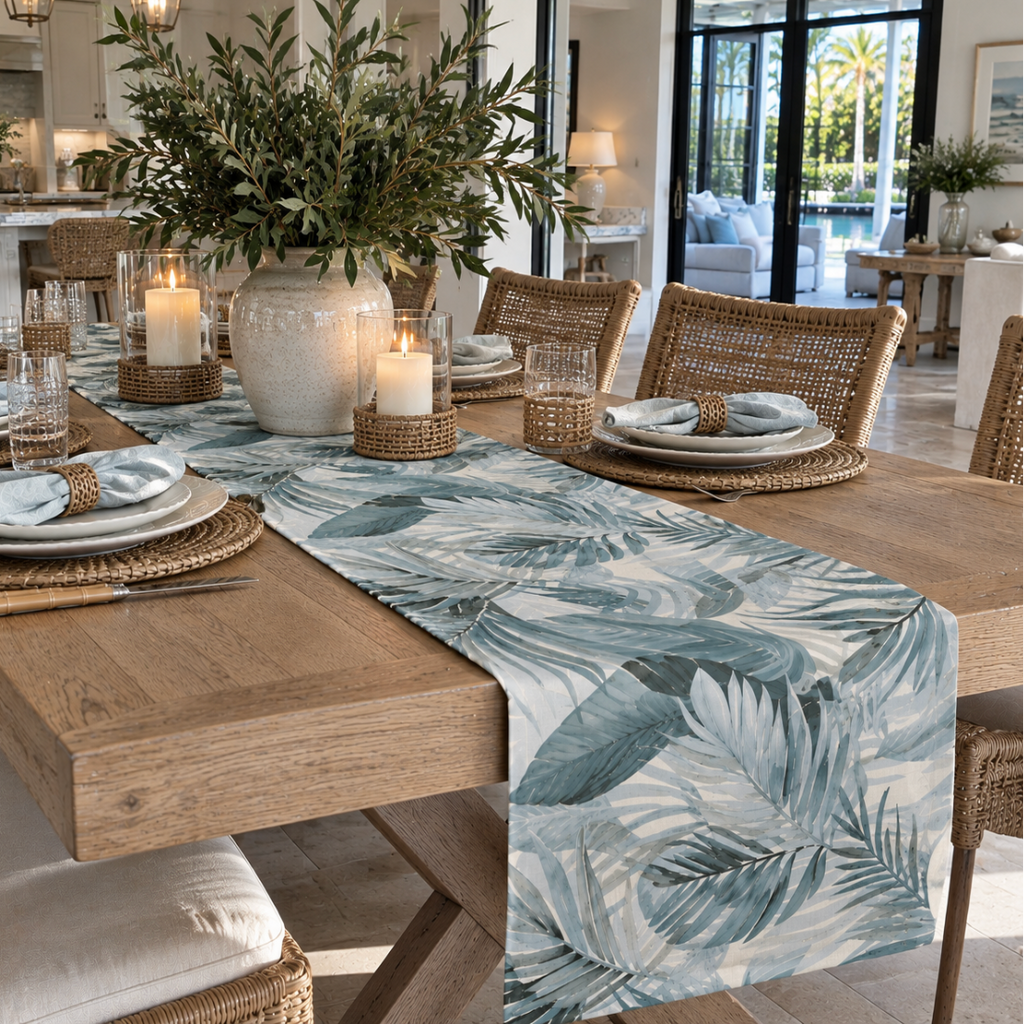 Blue and green palm leaf table runner for coastal entertaining
