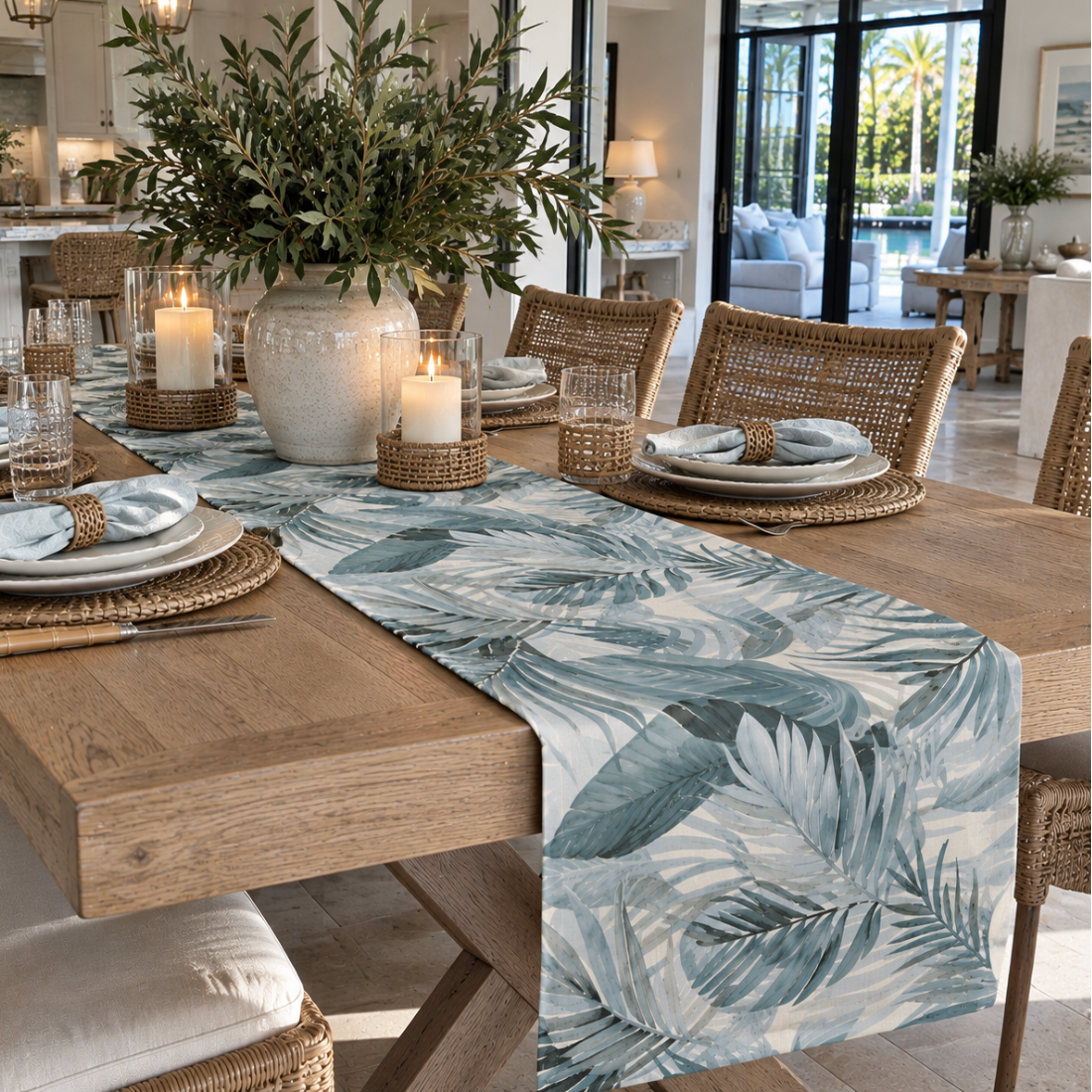 Blue and green palm leaf table runner for coastal entertaining