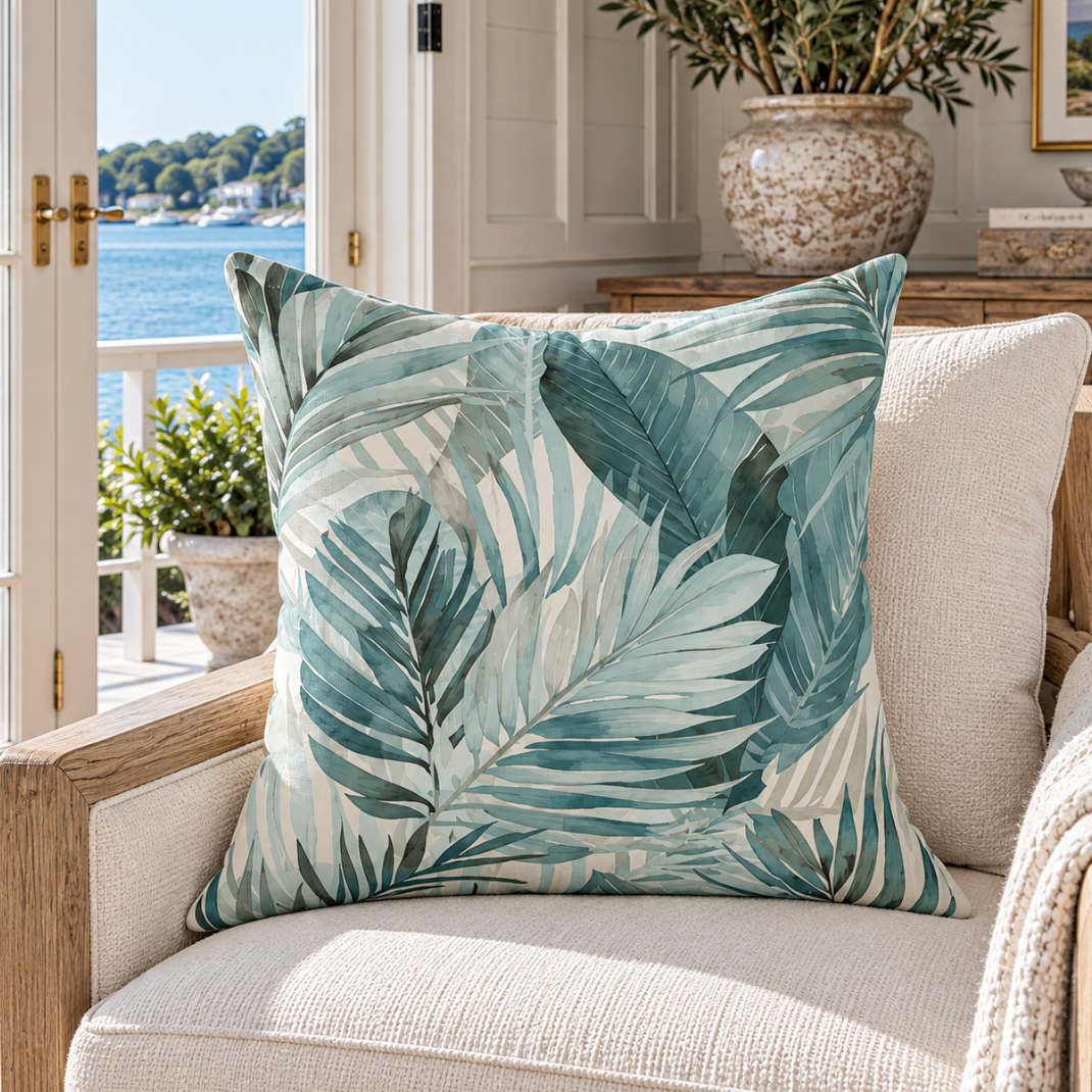 Tropical decorative pillow featuring a palm leaf pattern for a coastal home.