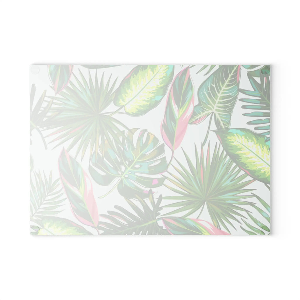 Isla Palm Glass Cutting Board with pastel tropical palm leaf pattern on clear glass