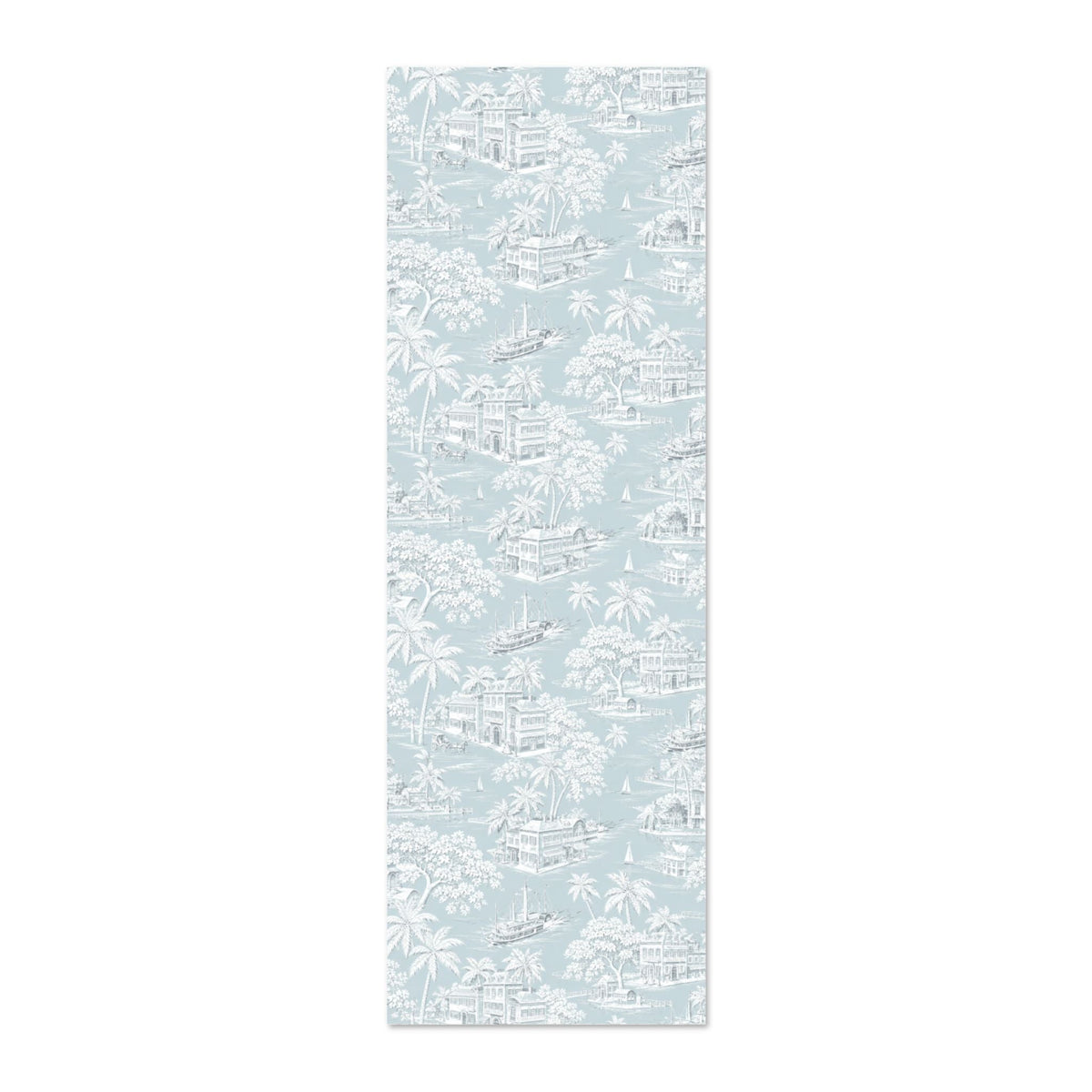 Wallpaper pattern featuring palm trees, sailboats, waterfront homes, and a soft blue background.