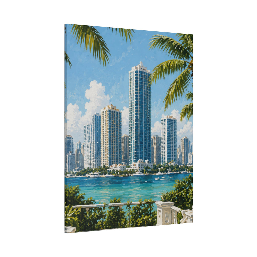 Pastel Miami skyline canvas art for aesthetic dorm room and apartment decor