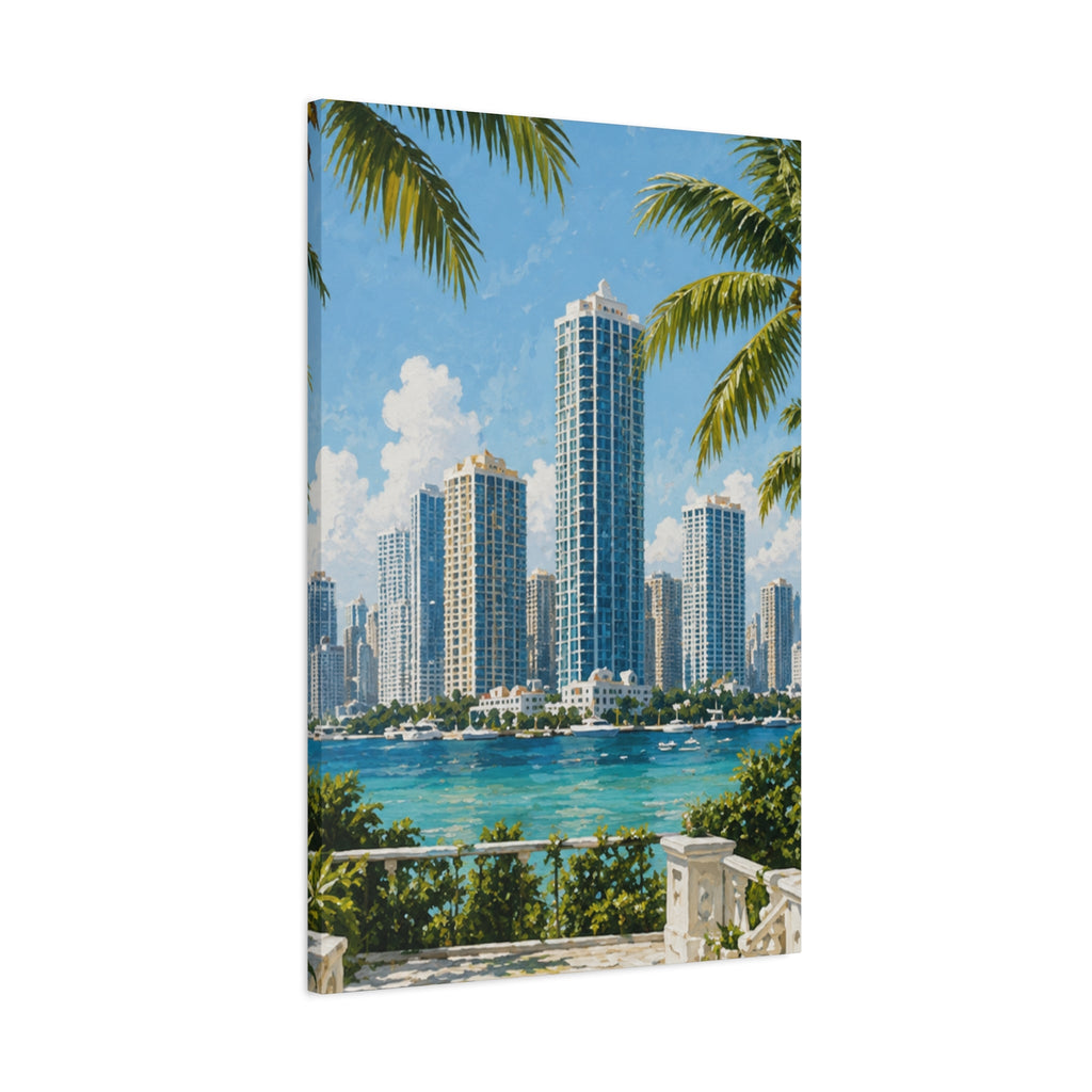 Multi-color Miami skyline canvas print for a bold focal point above a sofa or bed.