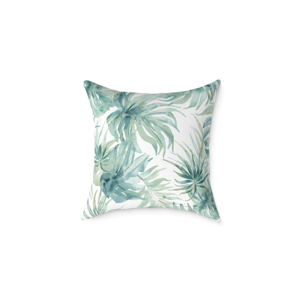 Pastel watercolor palm pattern throw pillow for a beachy coastal living room.