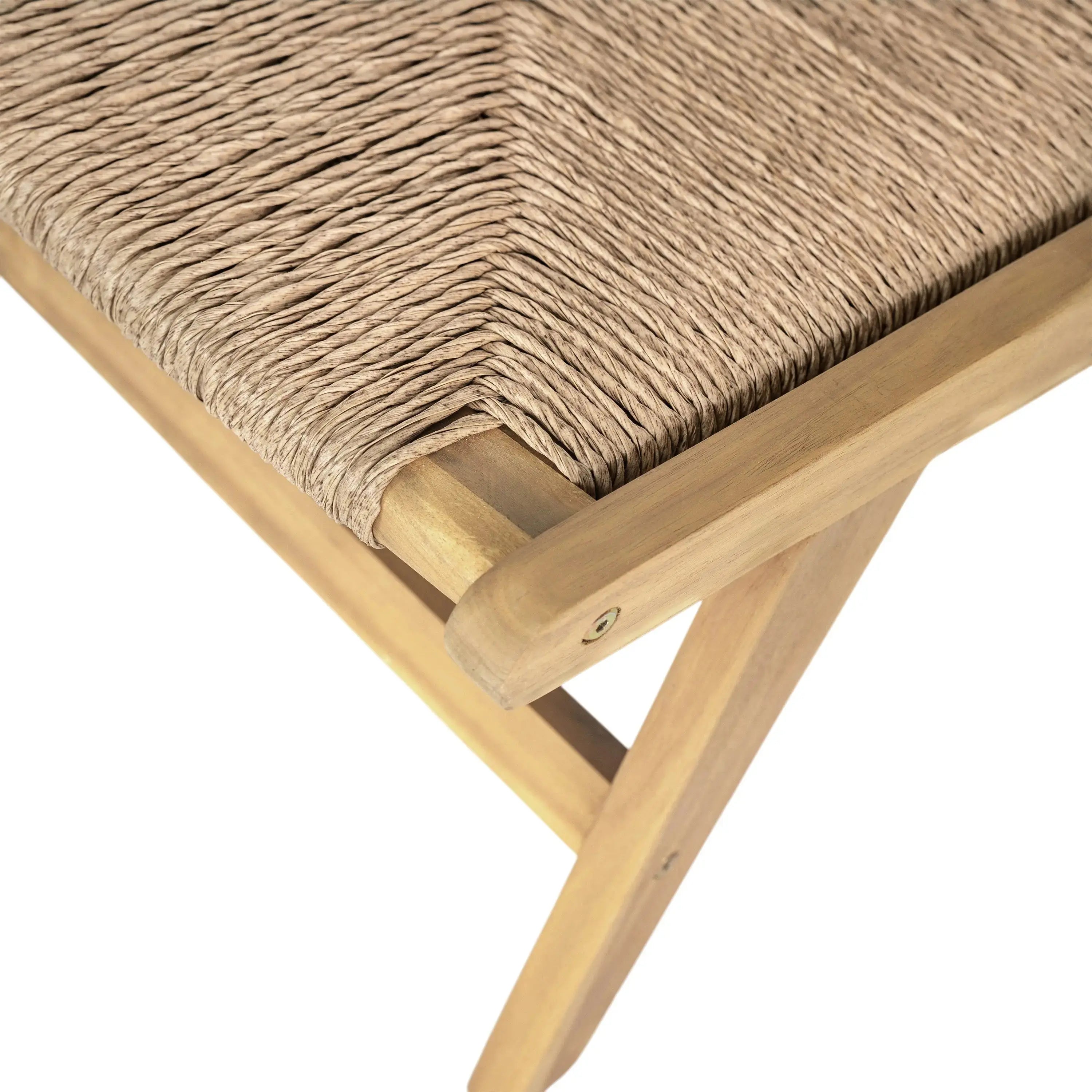 Acacia wood outdoor armless lounge chair with light teak finish and woven seat.