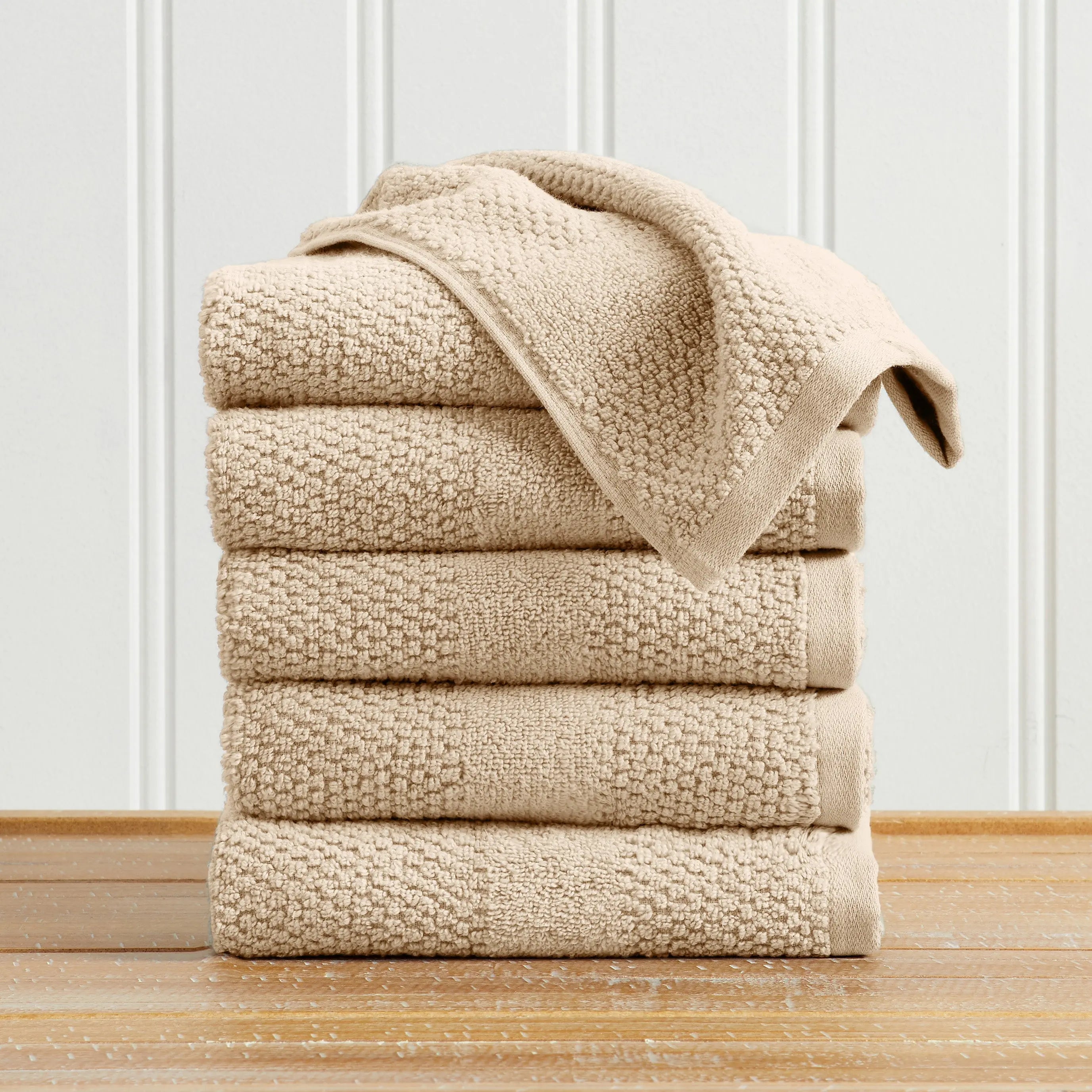 100% Cotton Woven Texture Bath Towel Set Marbella Collection, beige, 5-piece.