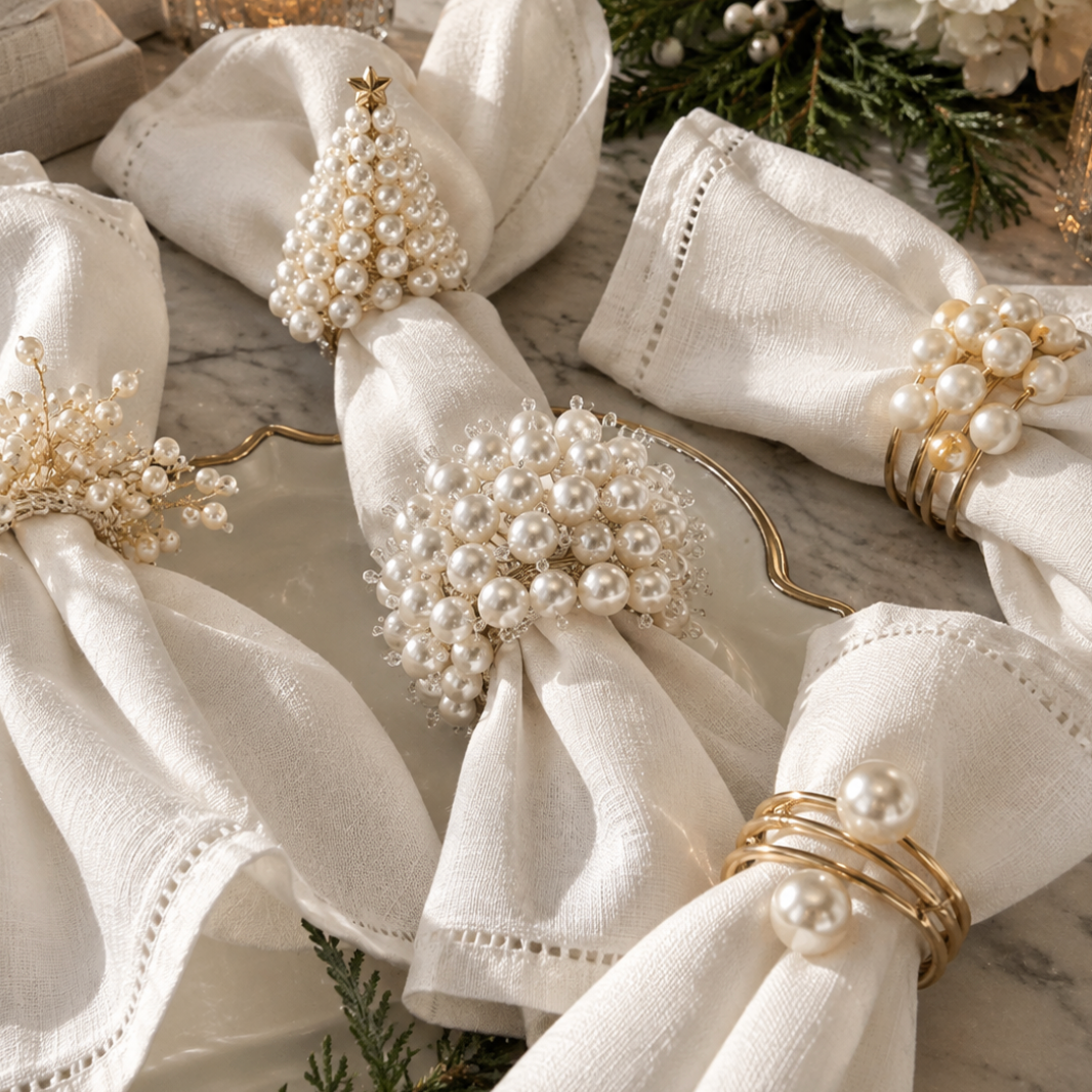 Collection of pearl and gold napkin rings including a pearl Christmas tree design on ivory linen napkins