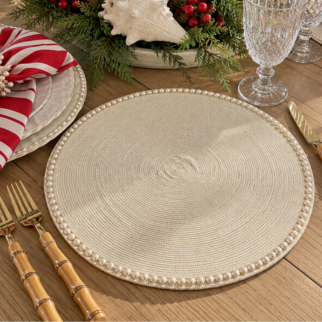 Pearl border placemats for an elegant and sophisticated dining table.