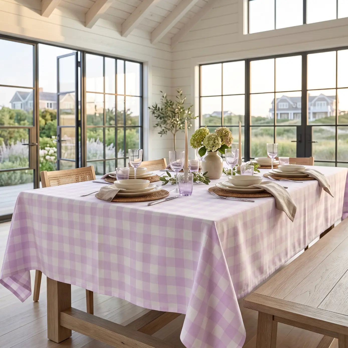 Pink and white gingham tablecloth on a dining table styled for a coastal brunch