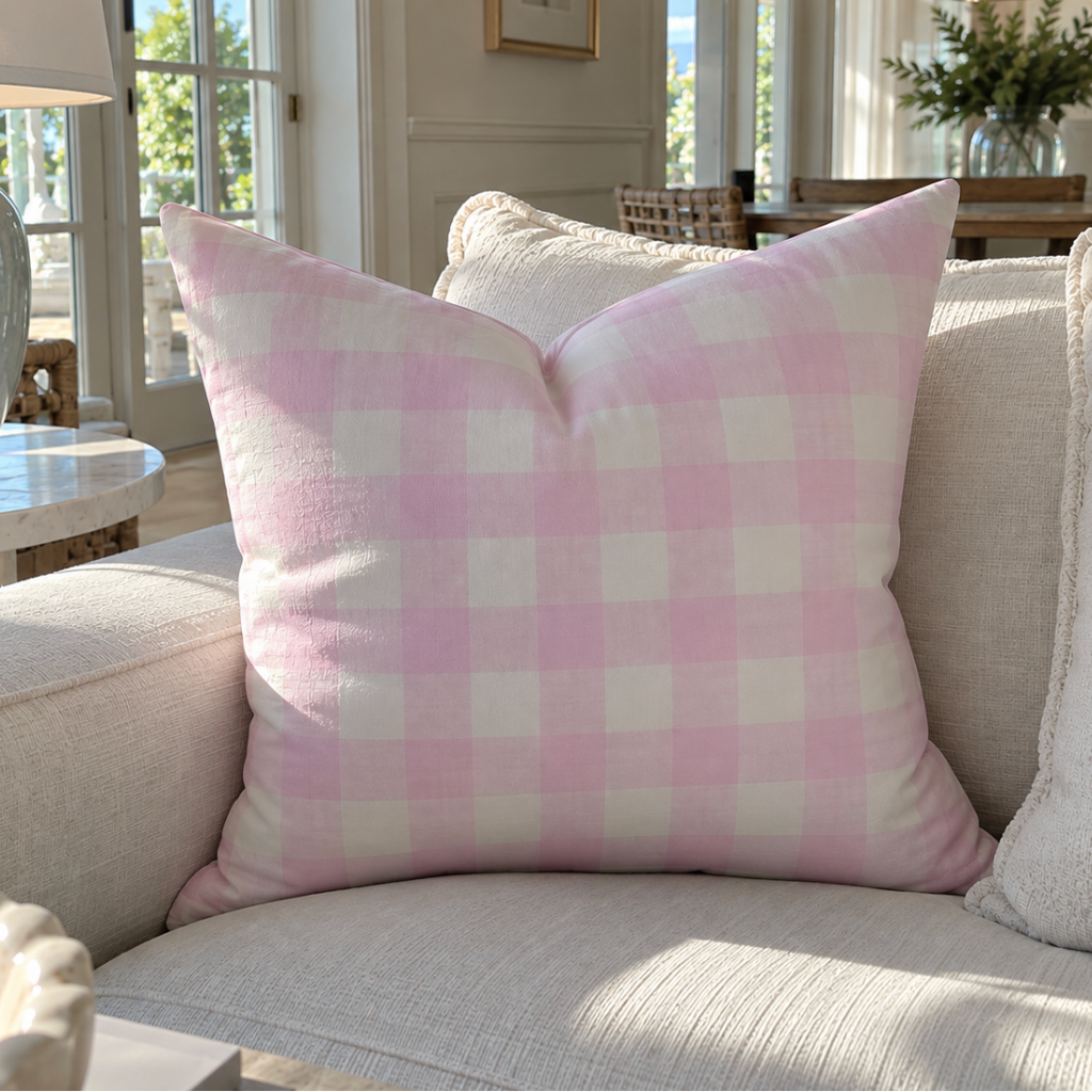 Pink and white gingham throw pillow styled on a neutral sofa
