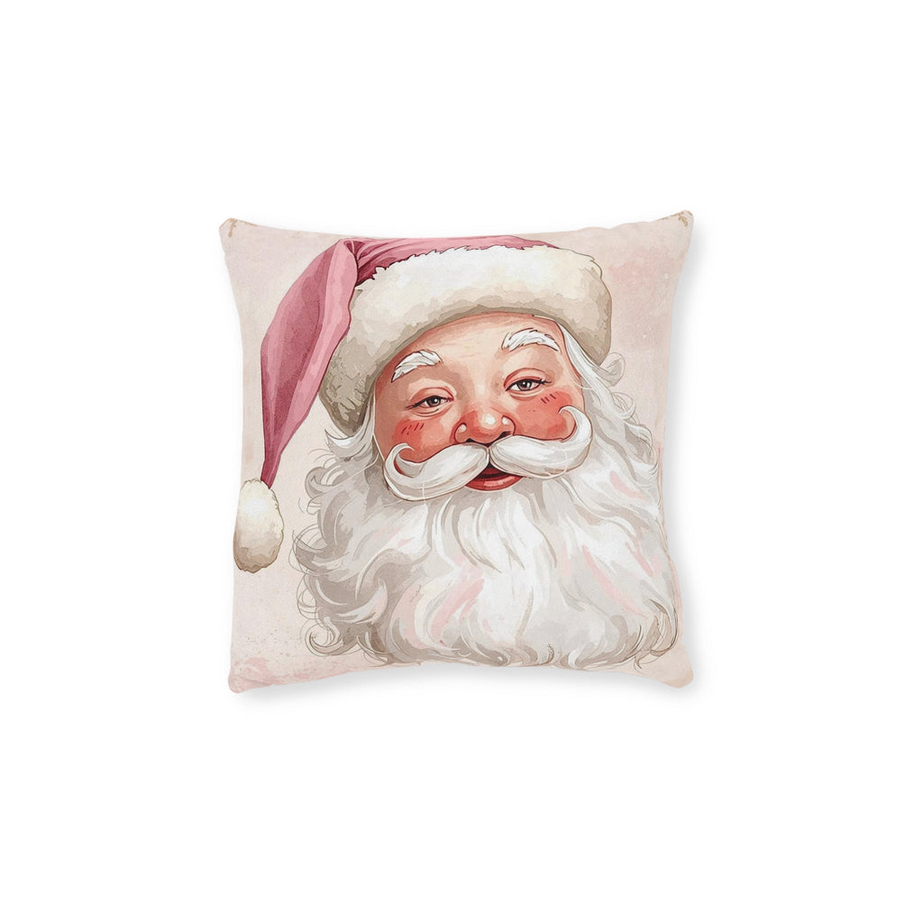 Pink Christmas accent pillow featuring a Santa-inspired holiday design.