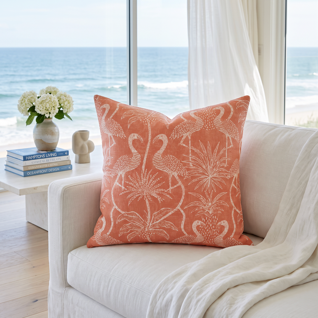 Pink flamingo decorative pillow styled on a natural rattan chair in a bright tropical living space.
