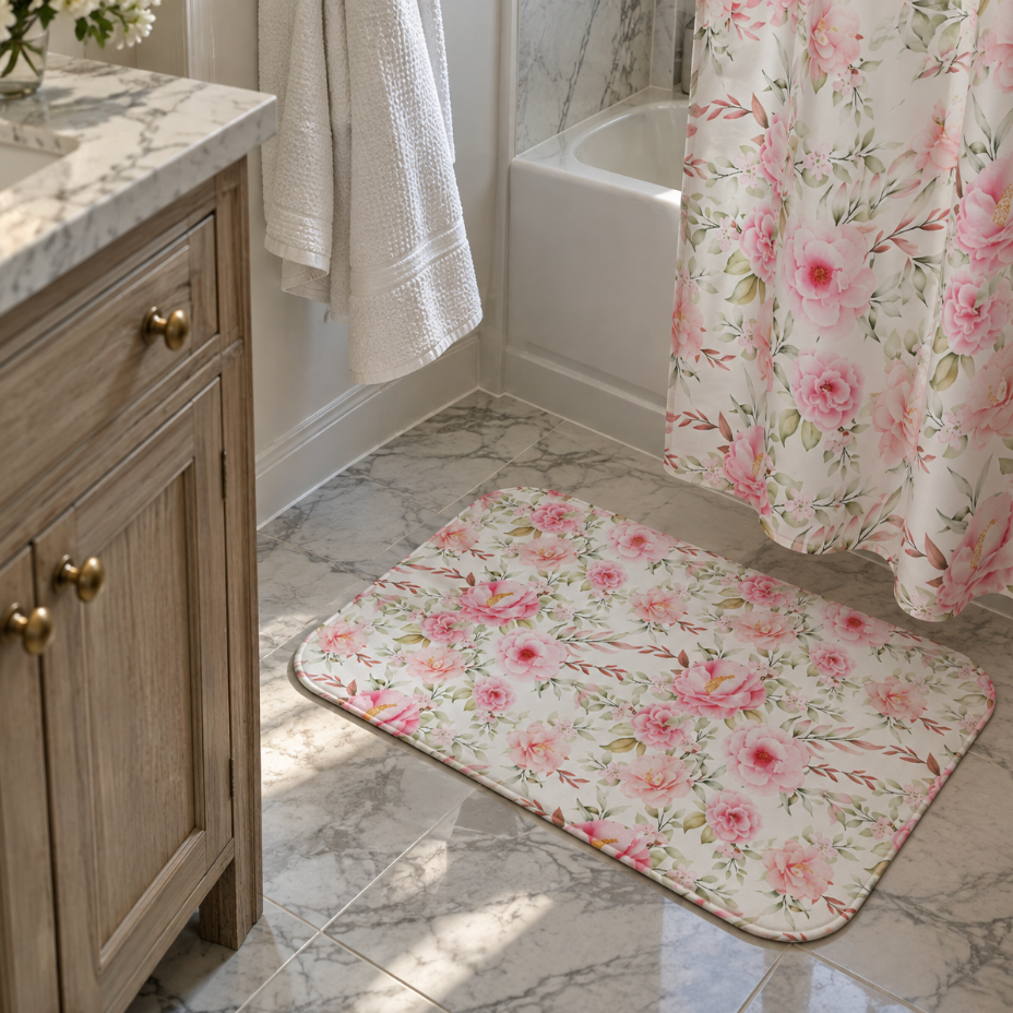Pink floral bath mat for botanical bathroom decor
