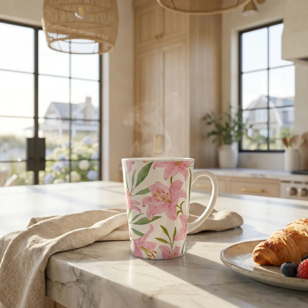 Pink floral coffee mug on a coastal kitchen Island