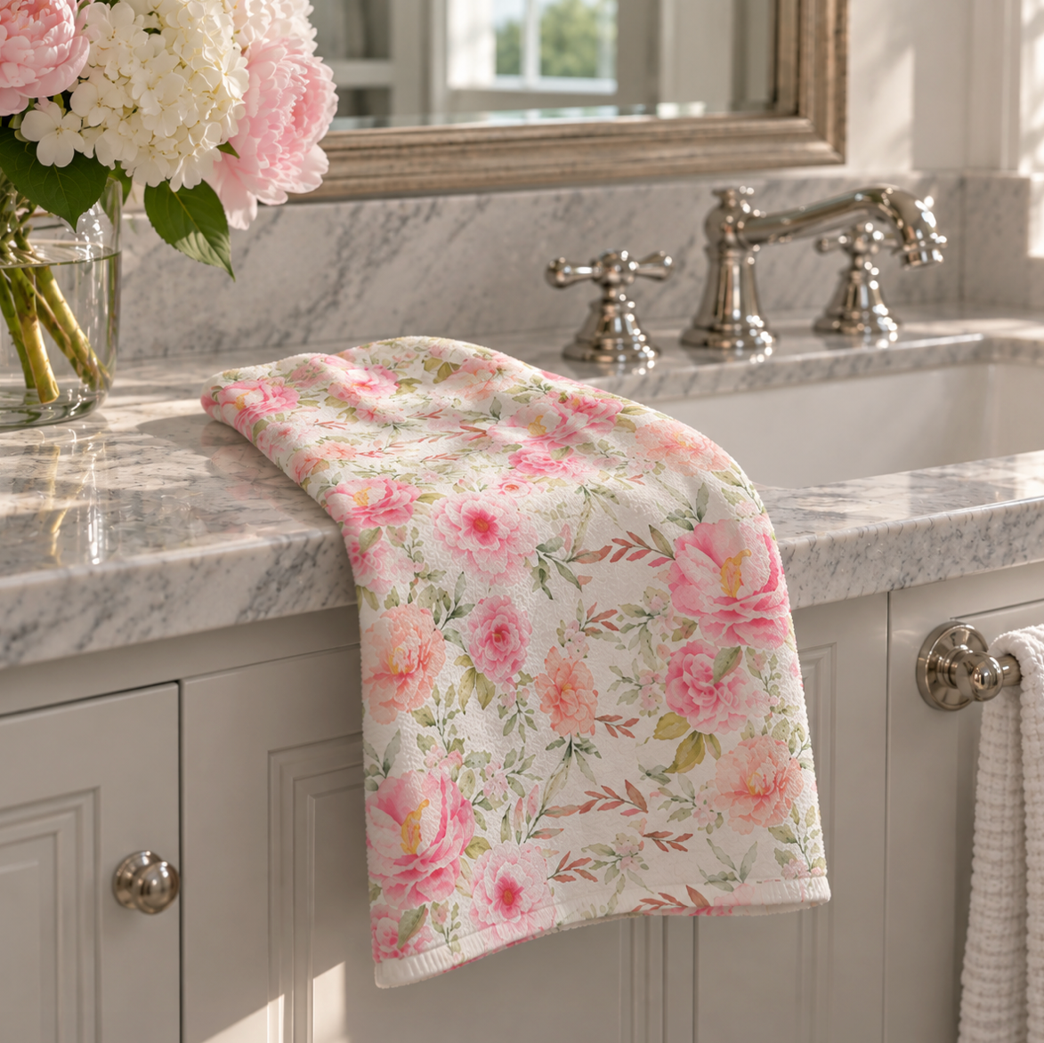 Pink floral face cloth for an elegant bathroom