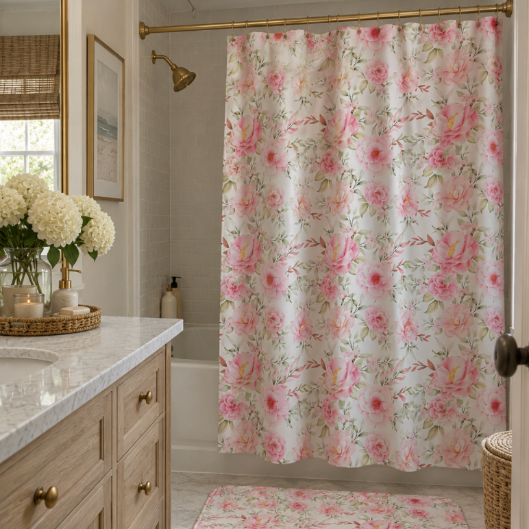 Pink floral shower curtain for botanical bathroom decor