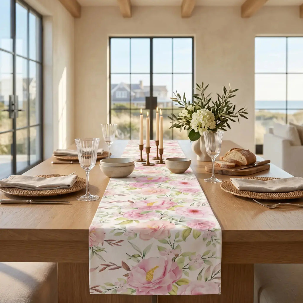 Pink floral table runner on a light wood dining table with soft spring decor.