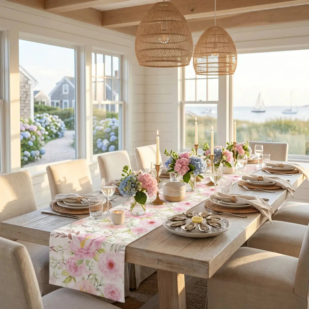 Pink floral table runner styled with white plates and glassware