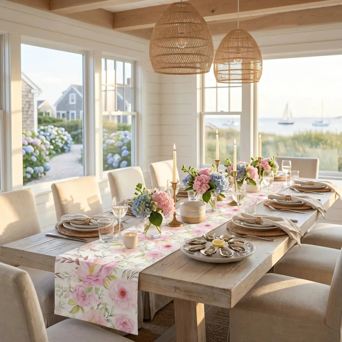 Pink floral table runner styled with white plates and glassware
