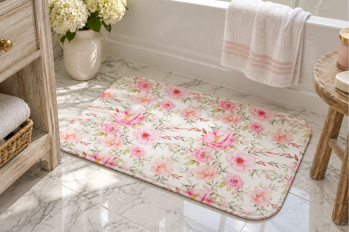 Pink floral bathroom mat for luxury bathroom decor