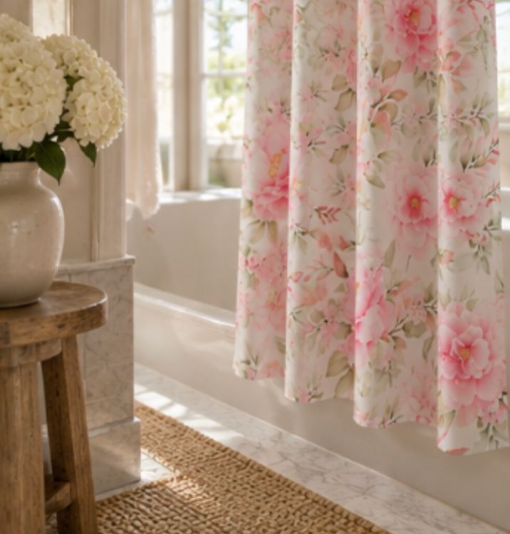 Pink flower shower curtain for romantic bathroom decor