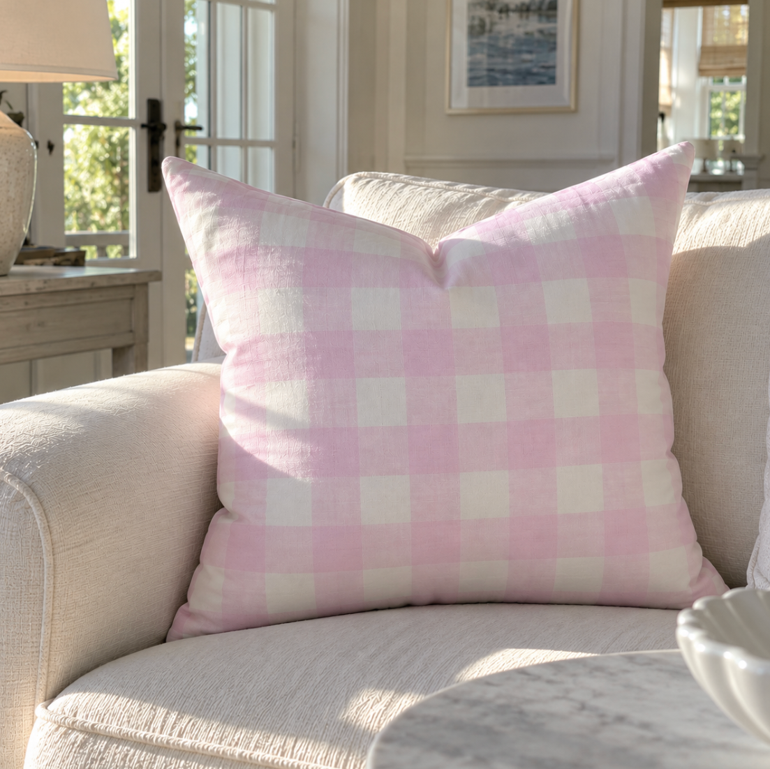 Grandmillennial pink gingham decorative pillow on an accent chair