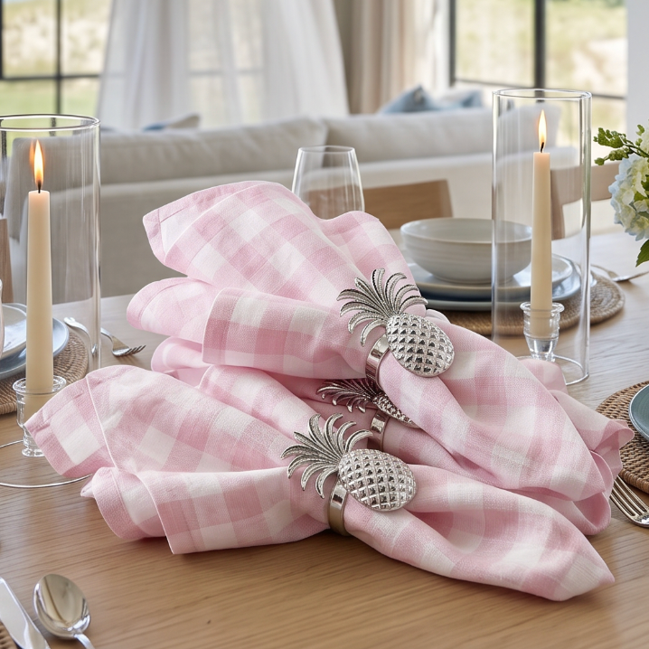 Pink gingham check linen napkins set of four for cottage, farmhouse, or coastal table styling