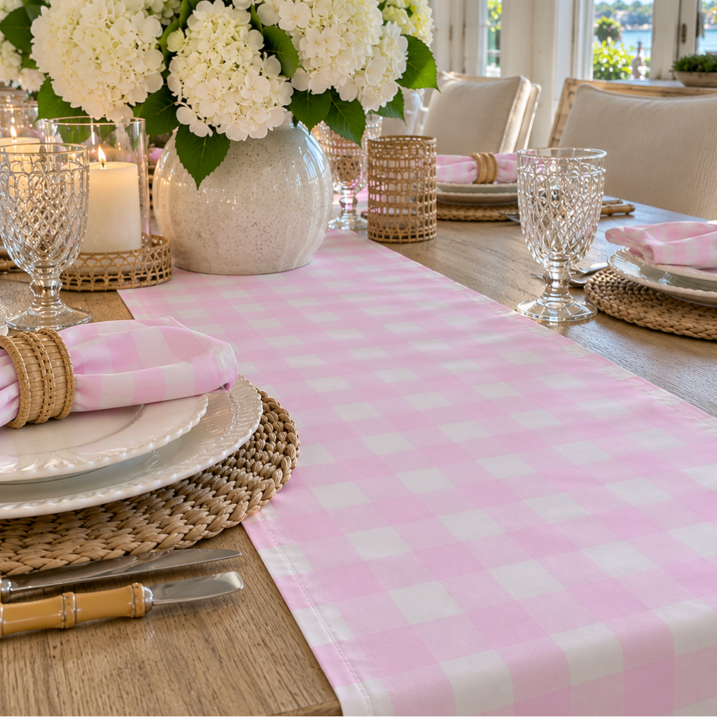 Pink gingham dining table runner creating a fresh and inviting tablescape.