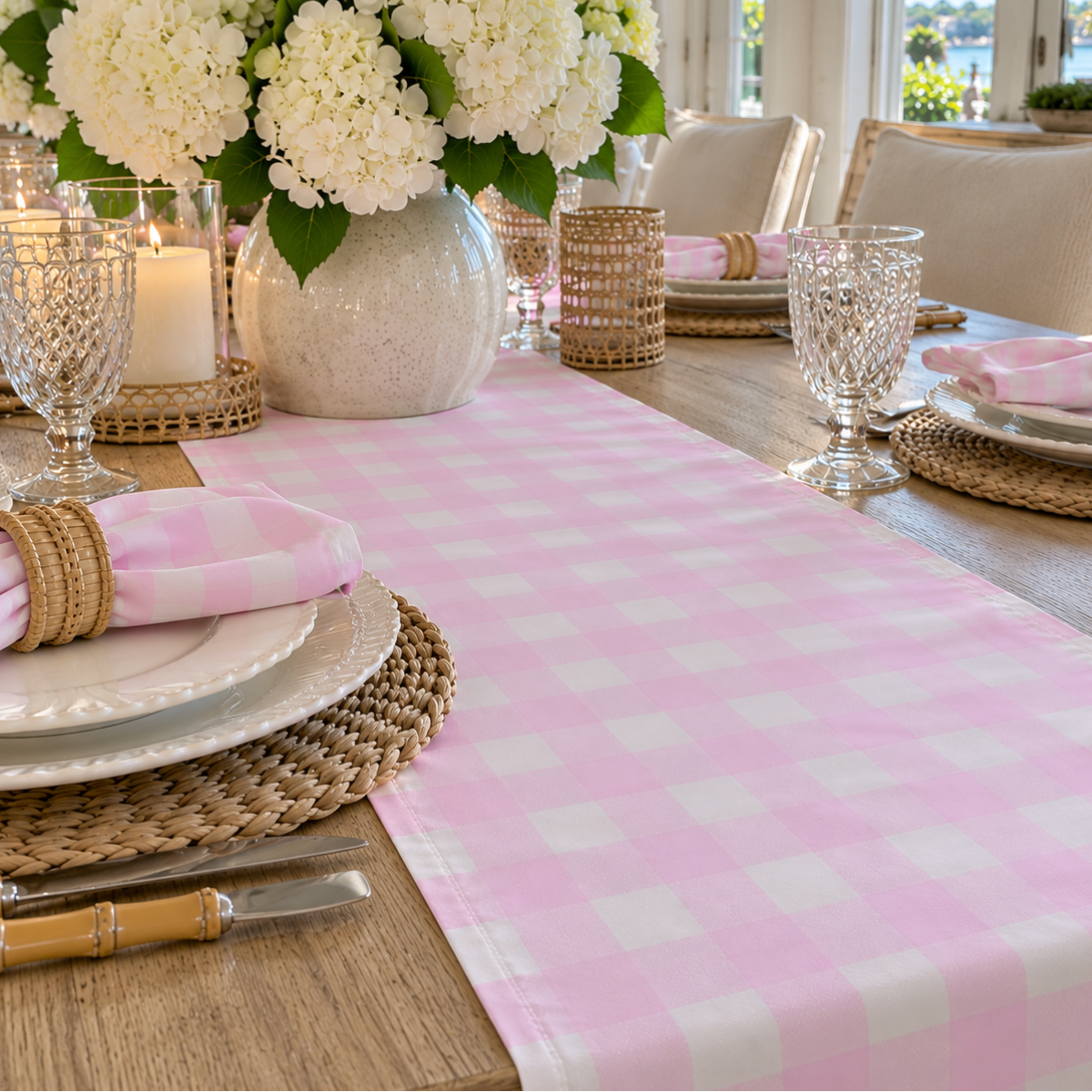 Pink gingham dining table runner creating a fresh and inviting tablescape.