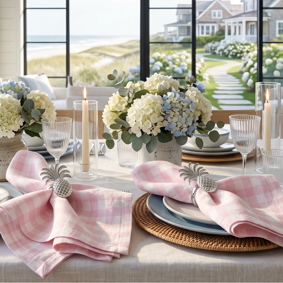 Pink gingham check linen napkins set of 4 styled for a spring farmhouse table setting