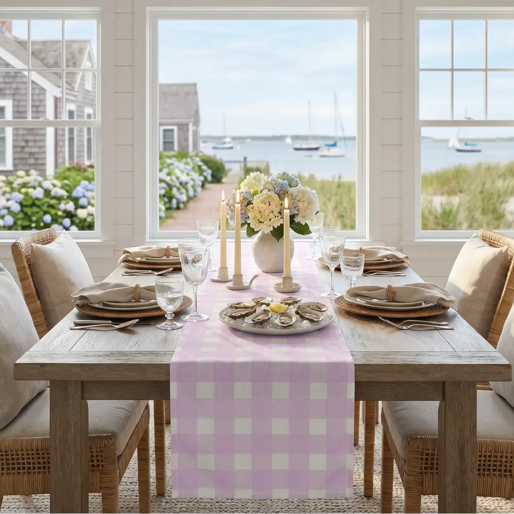 Pink gingham table runner on a cozy farmhouse-style dining table.