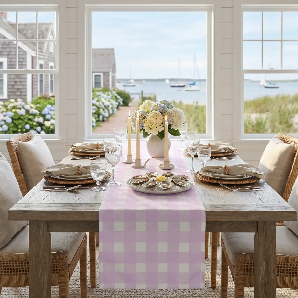 Pink gingham table runner on a cozy farmhouse-style dining table.